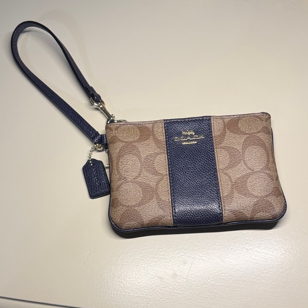Coach Signature Tan and Navy Wristlet